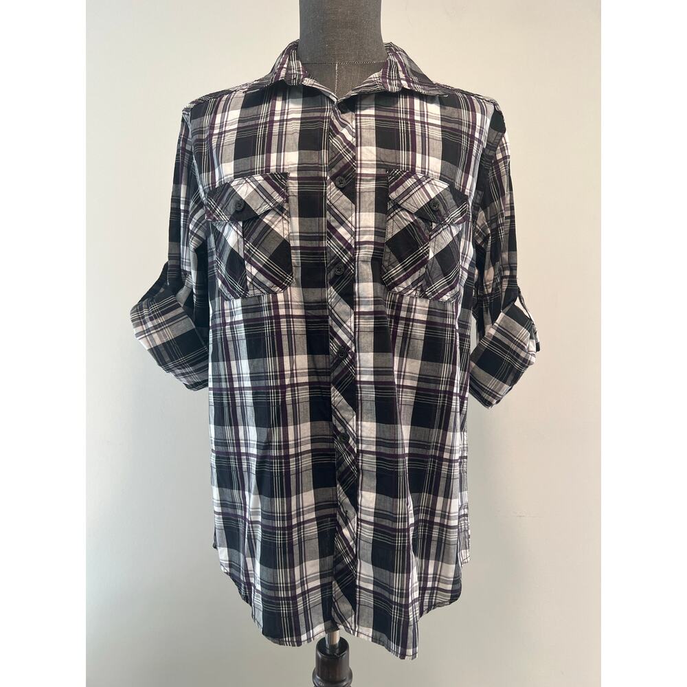 Helix Plaid Button Down Shirt Athletic Fit Western Style Black Purple Large JL